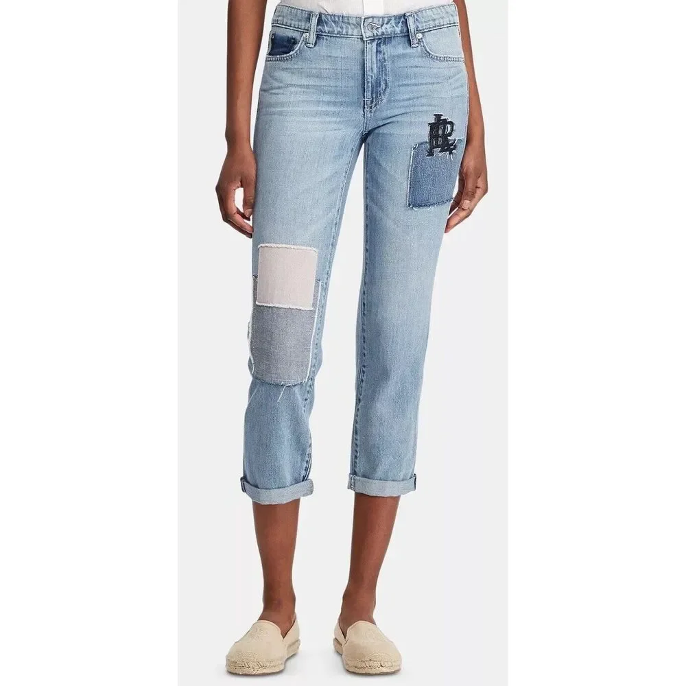 Lauren Ralph Lauren Jeans Women's 6 Patchwork Relaxed‎ Tapered Denim Estate Blue